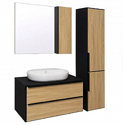 Комплект мебели для ванной Руно Runo  МАЛЬТА 85 /дуб/черный/подвесная/ с умывальником Infinity 65