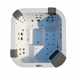 JACUZZI Santorini Pro Минибасссейн 230x215x90 см, LED подсв., водопад, подгол. 3 шт. LCD пульт упр., система обр. воды у/ф-м Clear Ray, возд. массаж, аромотерапия Крышка чехол, с эл. нагрев., цвет: Platinum/Teak