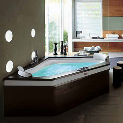 Jacuzzi Aura Corner 160 Top Ванна встраиваемая, 160х160хh60 см гидромассажная R+C угловая, смеситель Aura цвет: белый-хром. Топ и панель - Венге