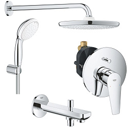 Набор GROHE Tempesta: верх душ 250 с душ кроншт 380 мм (26668000), смесит BauEdge (29079001), набор с руч душем, излив для ванны 170 мм, хром