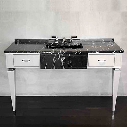 Devon Bentley Тумба 144*56см, цвет Pure White, ножки и ручки цвет хром, с мрамор Nero Marquina c 3 отв, с раков YORK (цвет черный) в центре расположен2059