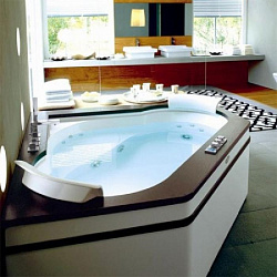 Акриловая гидромассажная ванна Jacuzzi Aura Corner 160 Top 160х160х60 см встраиваемая, угловая, без отверстий под см, цвет: белый/хром, топ - венге, панель - акрил
