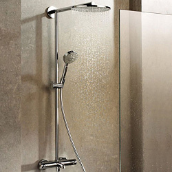 HG Raindance S Душевая система Showerpipe: верх.душ 240 1jet, ручн.душ, шланг, термостат для ванны с полочкой, излив 186мм, цвет: хром1984